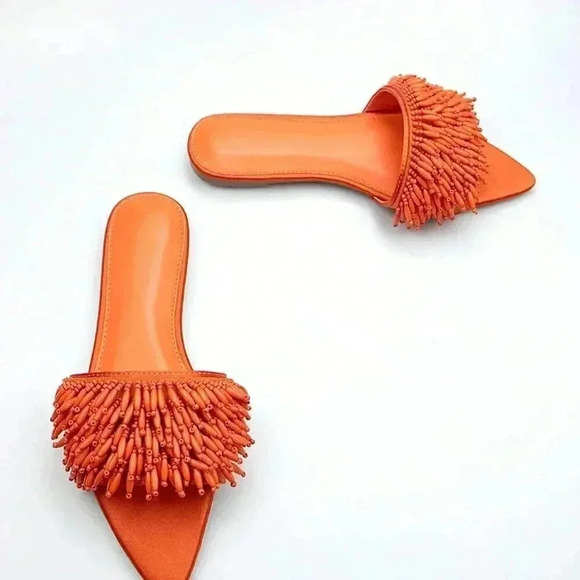 Orange Funky Women's Bead Embroidery Decorated Fabric Flat Comfortable Sandals - Picture 4 of 4